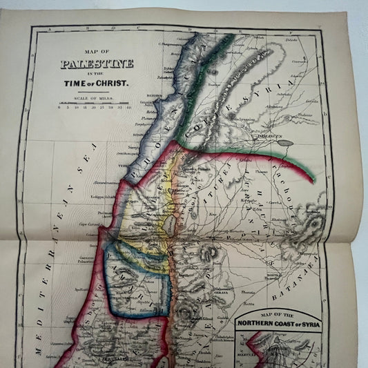 1864 Original Map of Palestine in Time of Christ Fold Out Tinted Engraving AJ6-2