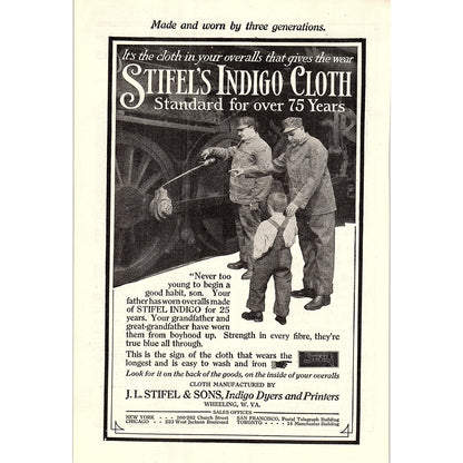 J.L. Stifel & Sons - Stifel's Indigo Cloth Wheeling WV 1914 Original Ad AF3-2