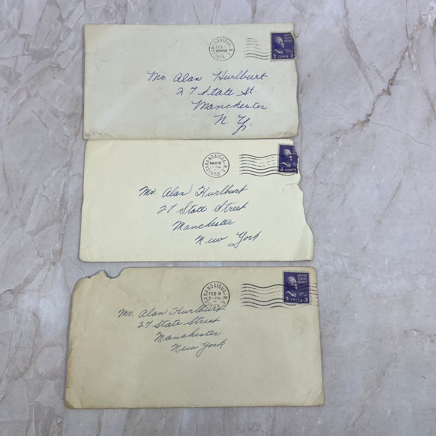 1953 Alan Hurlburt Manchester NY from Canandaigua Set of 3 Envelopes TG9-PC-3