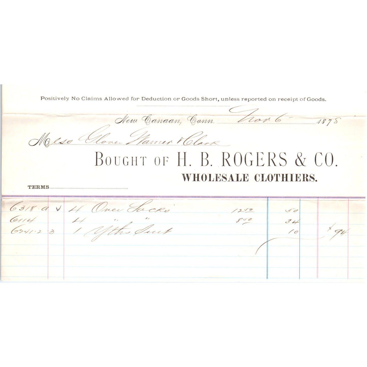 1875 H.B. Rogers & Co Clothiers New Canaan CT Receipt Letterhead D24