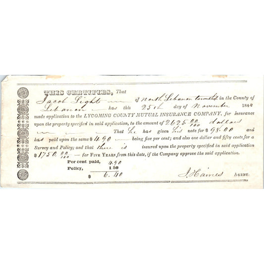 1844 Lebanon PA Lycoming County Mutual Ins Document Jacob Light J. Haines D18