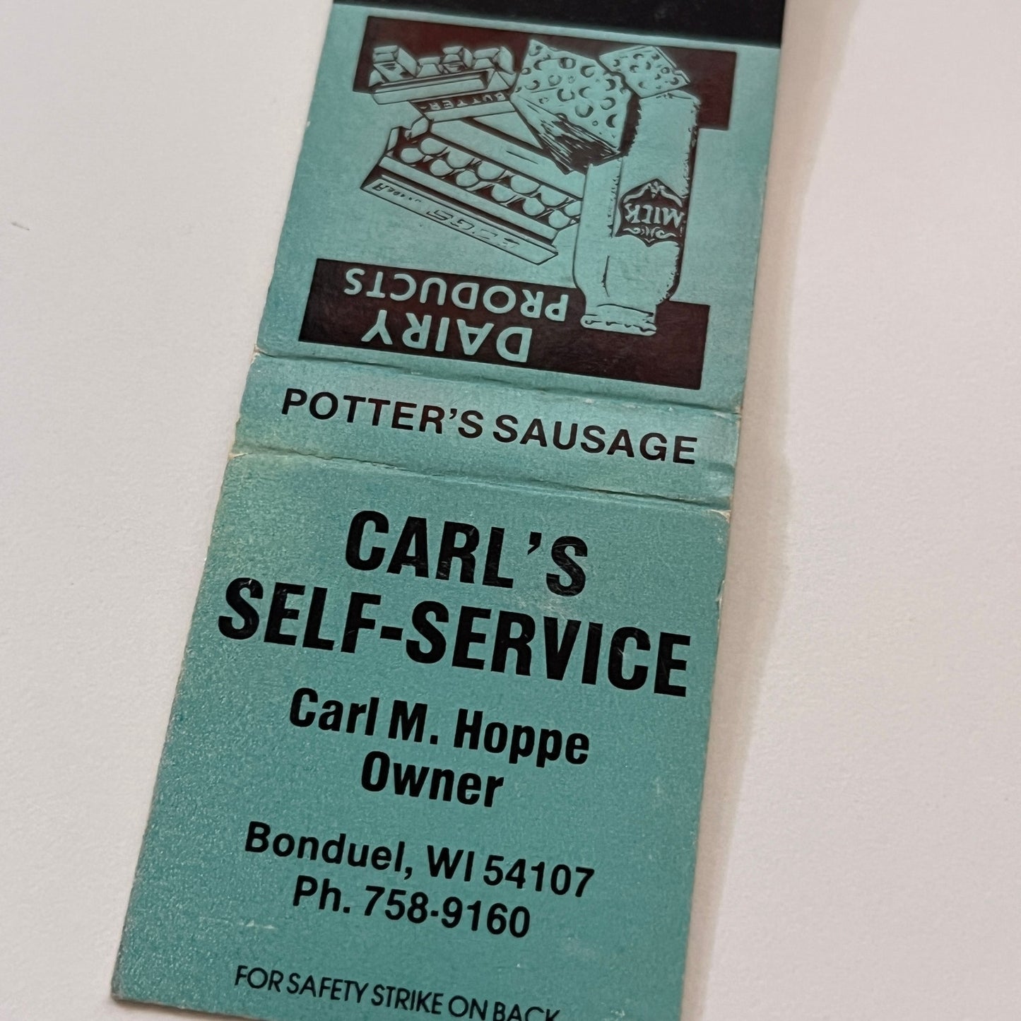 Carl's Self-Service Carl M. Hoppe Bonduel WI Vintage Matchbook Cover TB6-MB2-1