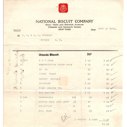 National Biscuit Co Nabisco 1914 Original Billhead Letterhead Receipt D8-LL