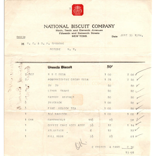 National Biscuit Co Nabisco 1914 Original Billhead Letterhead Receipt D8-LL