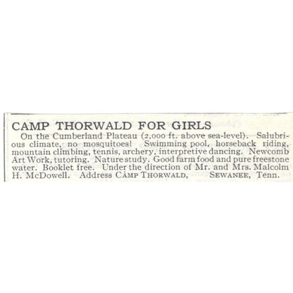 Camp Thorwald for Girls Cumberland Plateau Sewanee H. McDowell c1918 Ad AE5-SA10