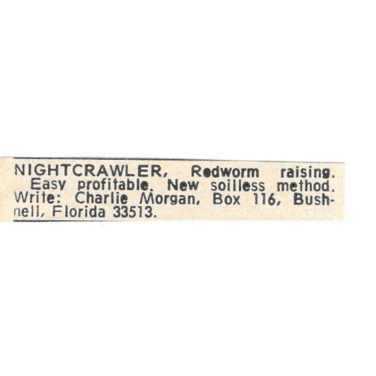 Nightcrawler Redworm Raising Charlie Morgan Bushnell FL 1977 Ad AF6-S5
