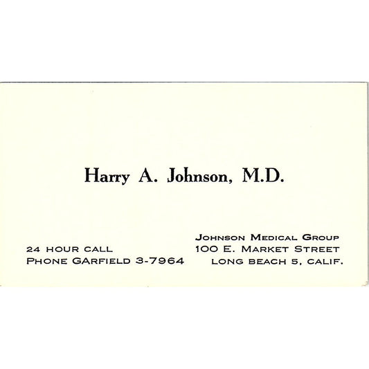 Johnson Medical Group Harry A. Johnson Long Beach 5 CA Business Card SF3-B8