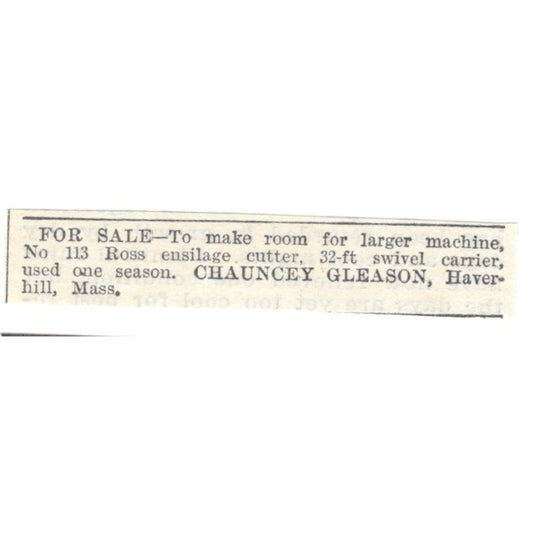 Ross Ensilage Cutter Chauncey Gleason Haverhill MA 1905 Magazine Ad AF1-NES1