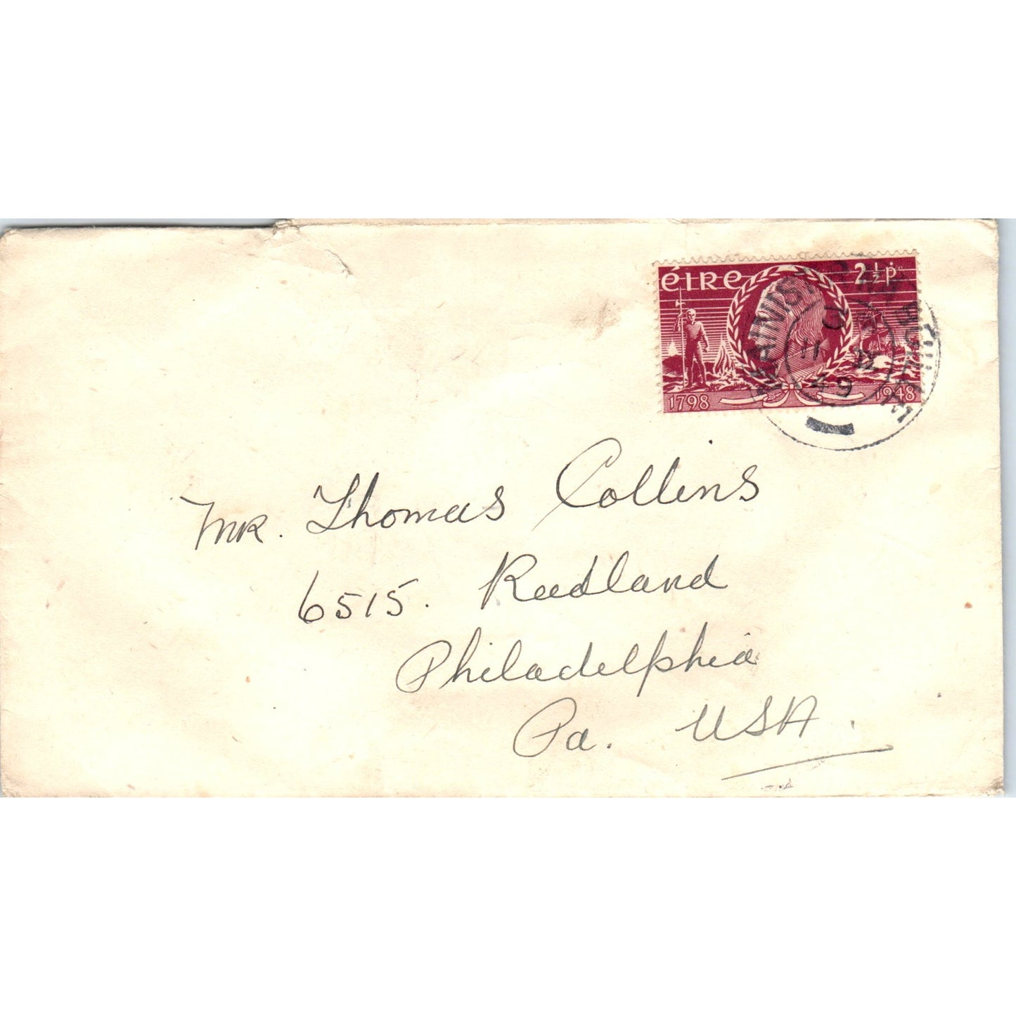 1948 Thomas Collins Philadelphia Èire Stamp Postal Cover Envelope TG7-PC3