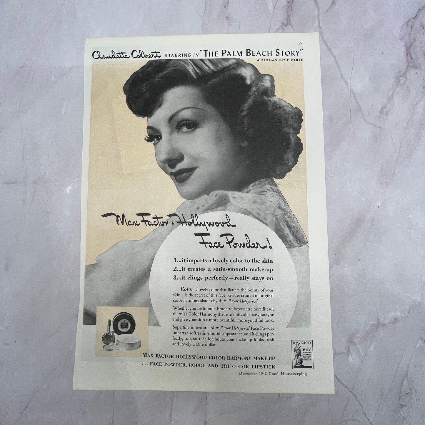 1942 Max Factor Hollywood Claudette Colbert The Palm Beach Story 8x10" V22