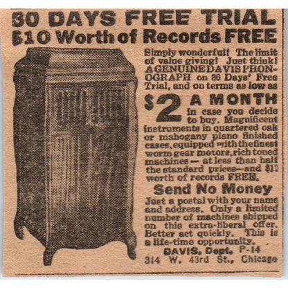 Davis Phonograph Free Record Offer Chicago 1923 Magazine Ad Clip AE1-5