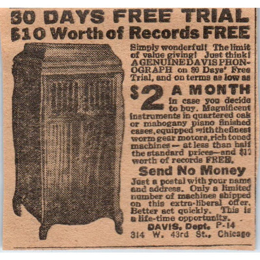 Davis Phonograph Free Record Offer Chicago 1923 Magazine Ad Clip AE1-5