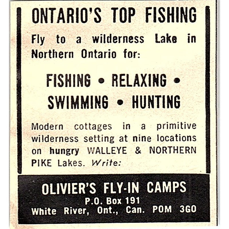 Olivier's Fly-In Camps White River Ontario Canada 1977 Ad AF6-M3