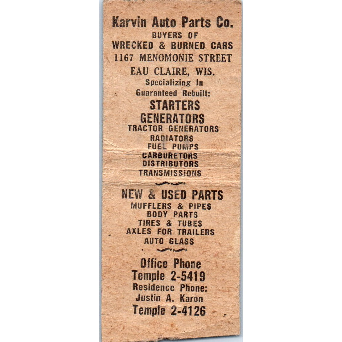 Karvin Auto Parts Co Eau Claire WI Vintage Matchbook Cover SD2-Y12