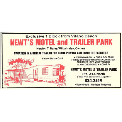 Newt's Motel and Trailer Park Newton T. Haley St. Augustine FL 1989 Ad AF9-12
