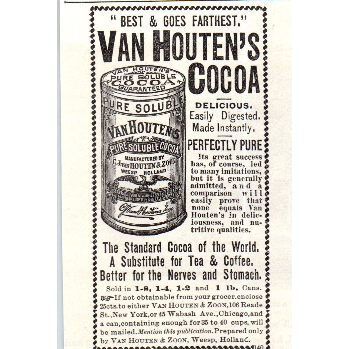 Van Houten's Cocoa Van Houten & Zune Weesp Holland c1890 Victorian Ad AE8-CH7
