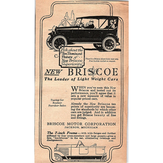 Briscoe Light Weight Car - Briscoe Motor Corp Jackson MI 1920 Ad AG2-6