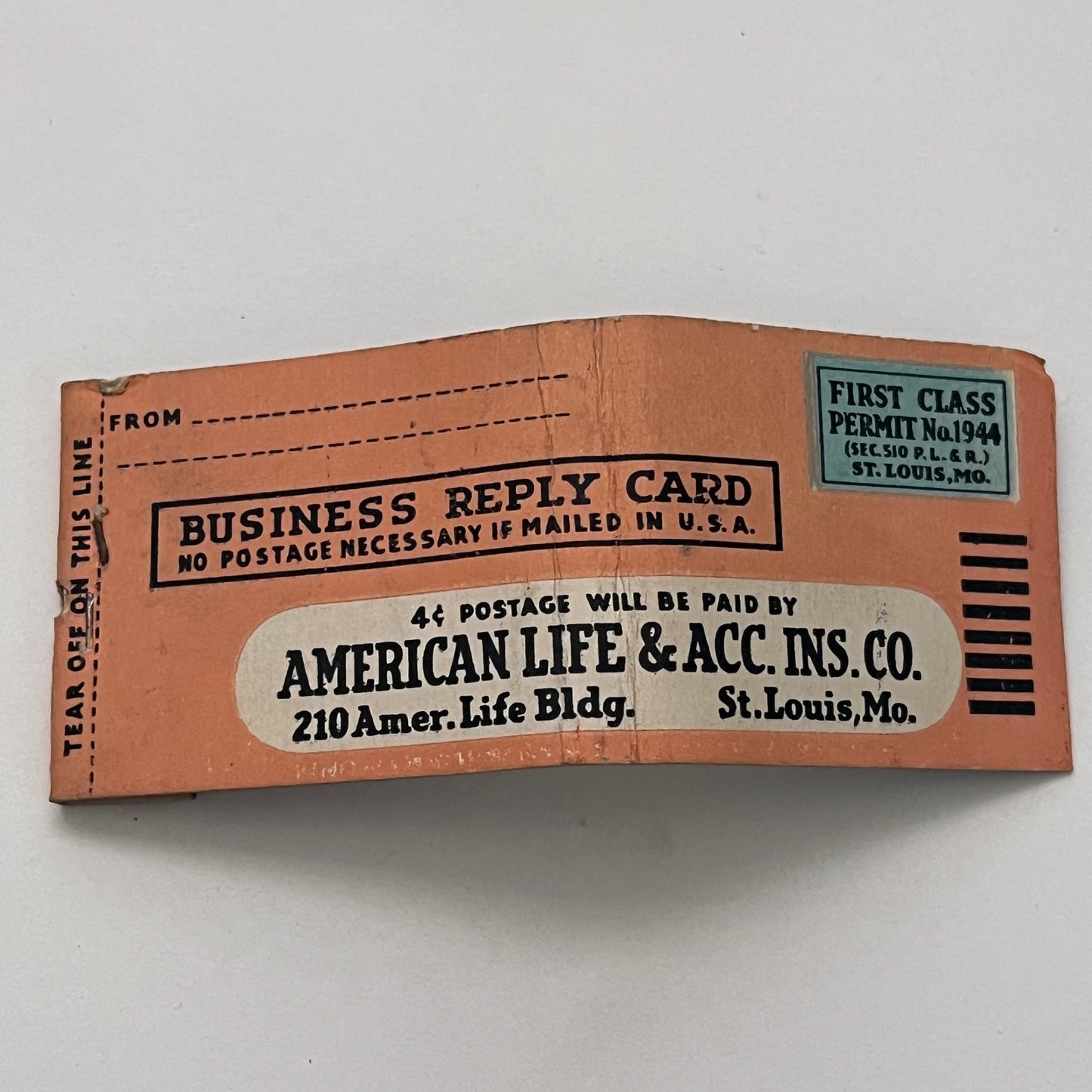 American Life & Acc Ins Co St Louis MO Mailing Card Vtg Matchbook Cover TB8-MB-2