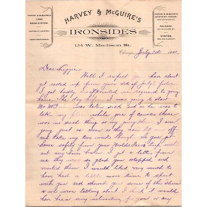 1893 Harvey & McGuire's Ironsides Madison St. Chicago Billhead J16