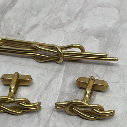 Vintage Swank MCM Mod Lover's Knot Gold Tone Cufflinks & Tie Bar Set SE5