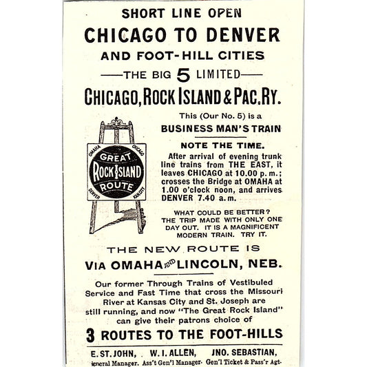 Chicago, Rock Island & Pac RY New Route Via Omaha, Lincoln NE 1892 Ad AG2-M12