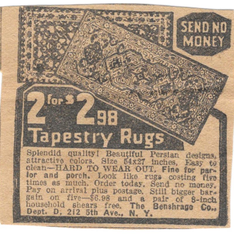 The Benshrago Co NY Tapestry Rugs 1923 Magazine Ad Clip AE1-6