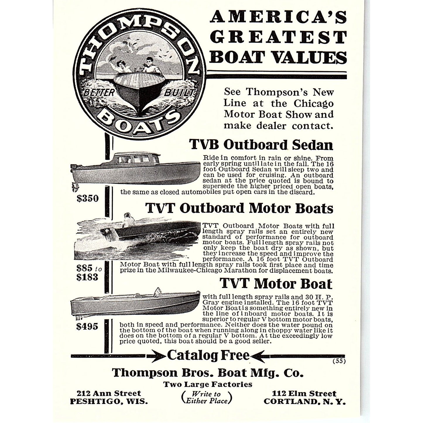 Thompson Bros Boat Mfg Co Peshtigo WI, Cortland NY 1932 Ad AG2-H3
