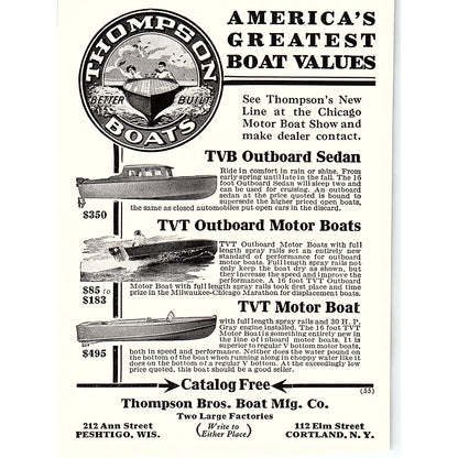 Thompson Bros Boat Mfg Co Peshtigo WI, Cortland NY 1932 Ad AG2-H3