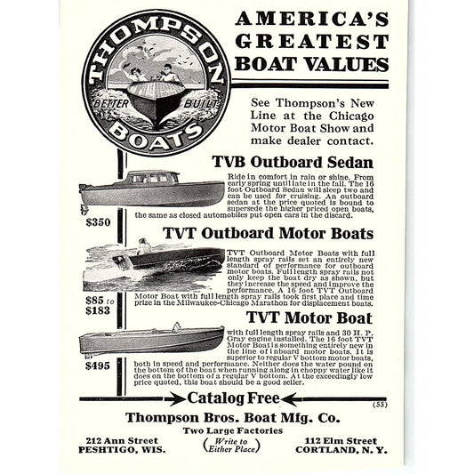 Thompson Bros Boat Mfg Co Peshtigo WI, Cortland NY 1932 Ad AG2-H3