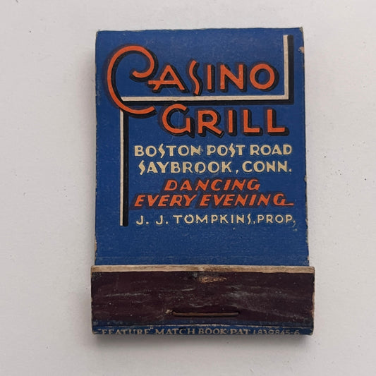 Casino Grill J.J. Tompkins Saybrook CT Vintage Matchbook Cover TB8-MB-1