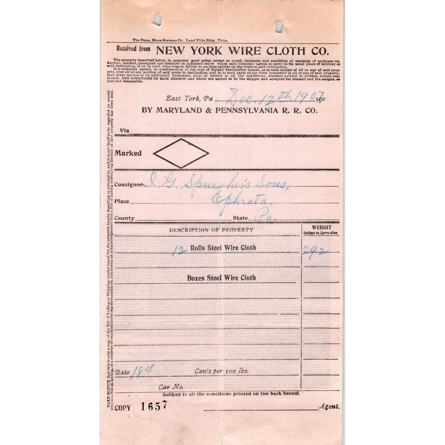 1907 New York Wire Cloth Co East York PA Letterhead Billhead Receipt D11