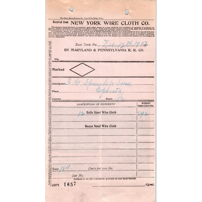 1907 New York Wire Cloth Co East York PA Letterhead Billhead Receipt D11