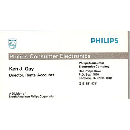 Ken J Gay Phillips Electronics Knoxville TN Vintage Business Card SC9-B8