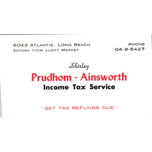 Shirley Prudhom-Ainsworth Tax Service Long Beach CA Vintage Business Card SD8-B9