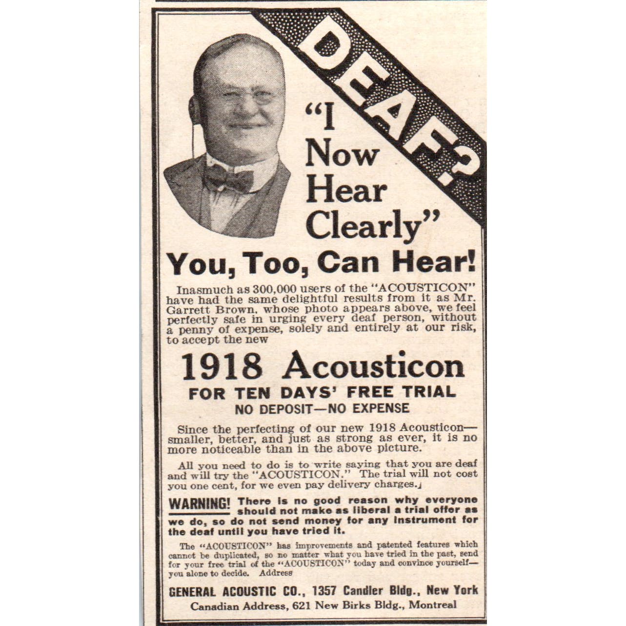 Deafness Cure General Acoustic Co New York 1918 Magazine Ad AF1-WH1