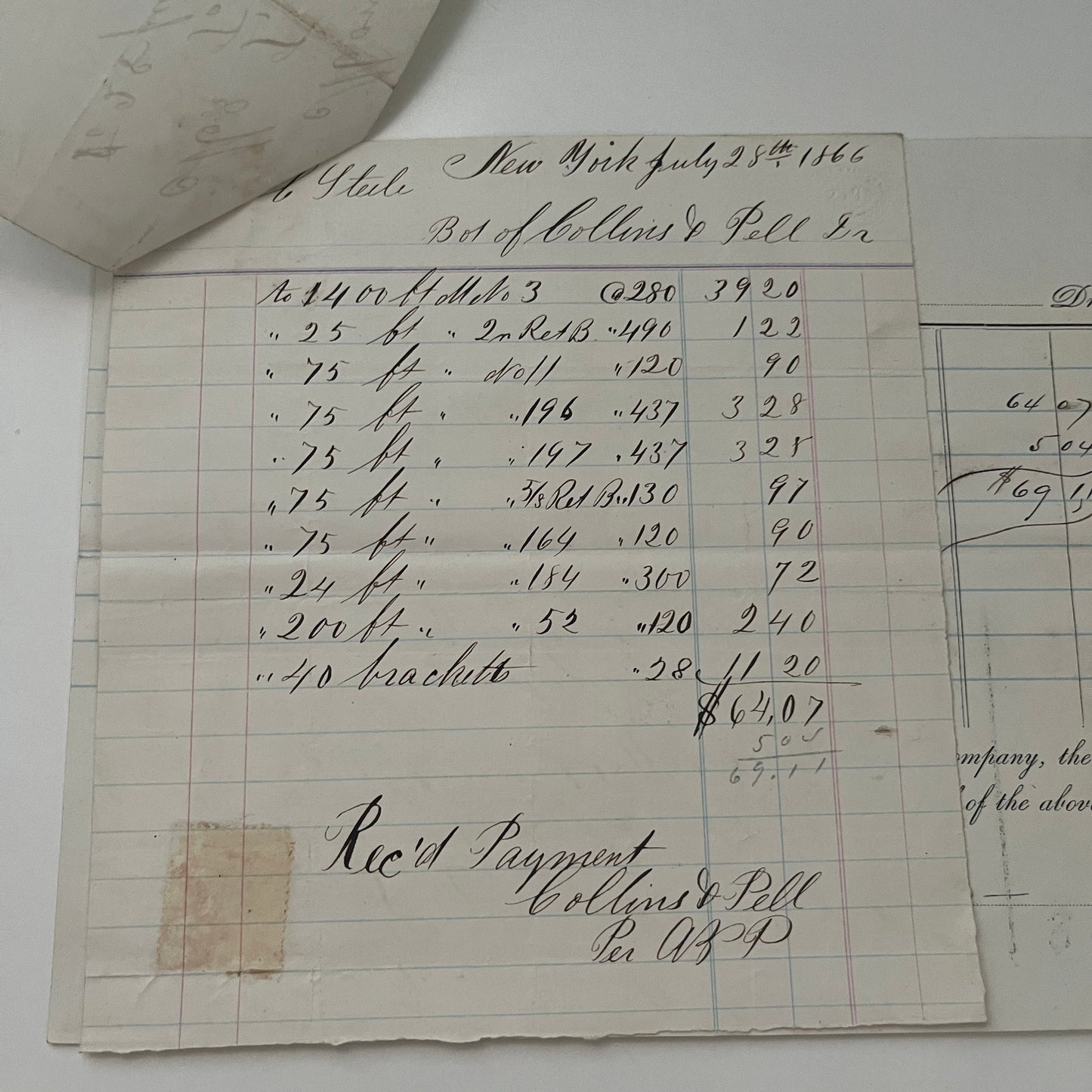 Thomas C. Steel from Collins & Pell New York 1866 Billhead Receipt 3 Pages C15