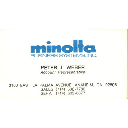 Peter J. Weber Minolta Business Systems Anaheim CA Vintage Business Card SE3-B2