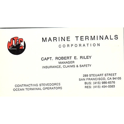 Marine Terminals Robert E. Riley San Francisco CA Vintage Business Card SB4-B11