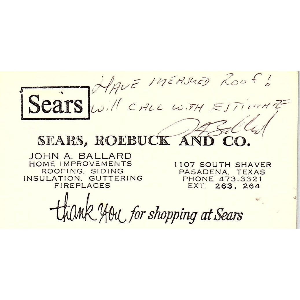 Sears Roebuck and Co John A. Ballard Pasadena TX Vintage Business Card SB4-B8