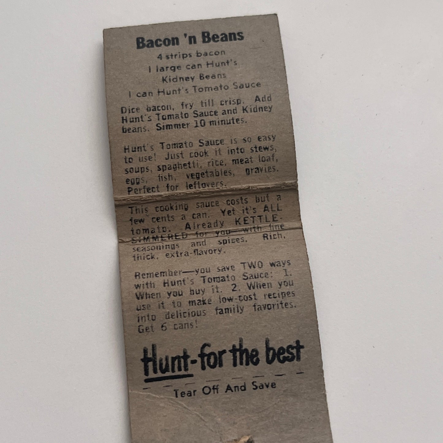 Hunts Tomato Sauce Bacon and Beans Recipe Vintage Matchbook Cover TB8-MB-4