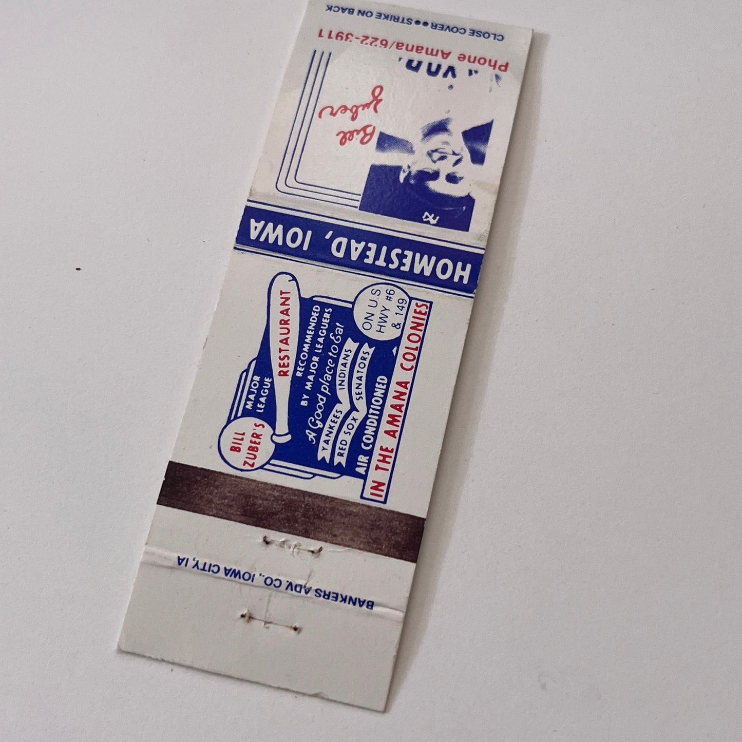 Bill Zuber's Major League Restaurant Homestead IA Matchbook Cover TB6-MB2-1