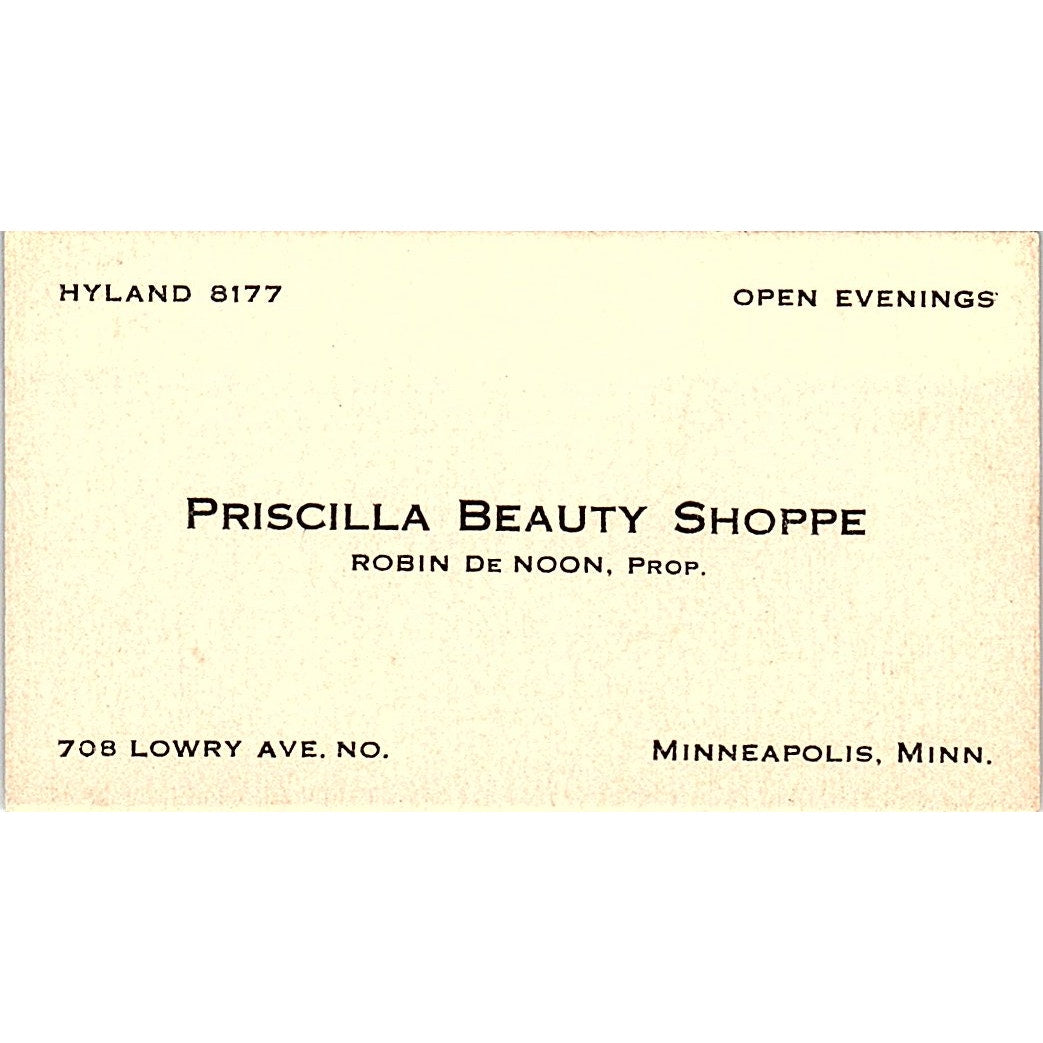 Priscilla Beauty Shoppe Robin De Noon Minneapolis Antique Business Card AG2-S13