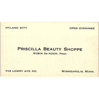 Priscilla Beauty Shoppe Robin De Noon Minneapolis Antique Business Card AG2-S13