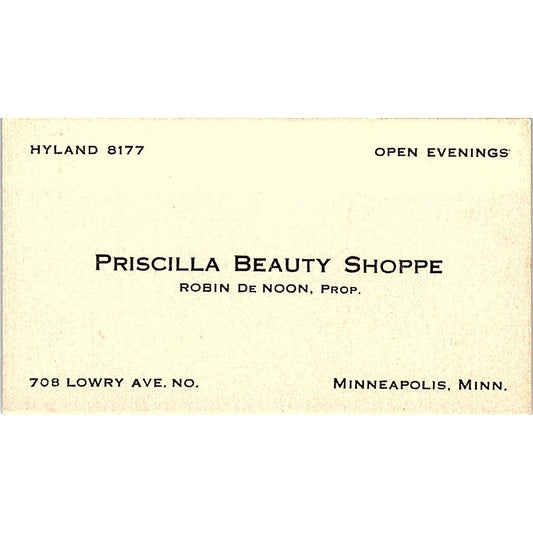 Priscilla Beauty Shoppe Robin De Noon Minneapolis Antique Business Card AG2-S13