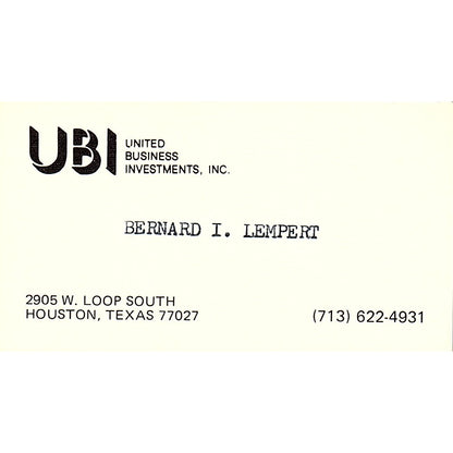 United Business Investments Bernard I. Lempert Houston TX Business Card SF3-B4
