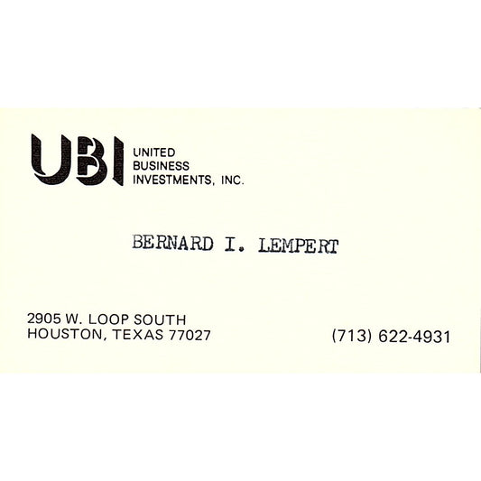 United Business Investments Bernard I. Lempert Houston TX Business Card SF3-B4