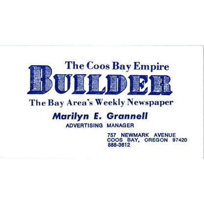 Marilyn E. Grannell Coos Bay Empire Builder OR Vintage Business Card SD8-B20