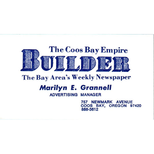 Marilyn E. Grannell Coos Bay Empire Builder OR Vintage Business Card SD8-B20