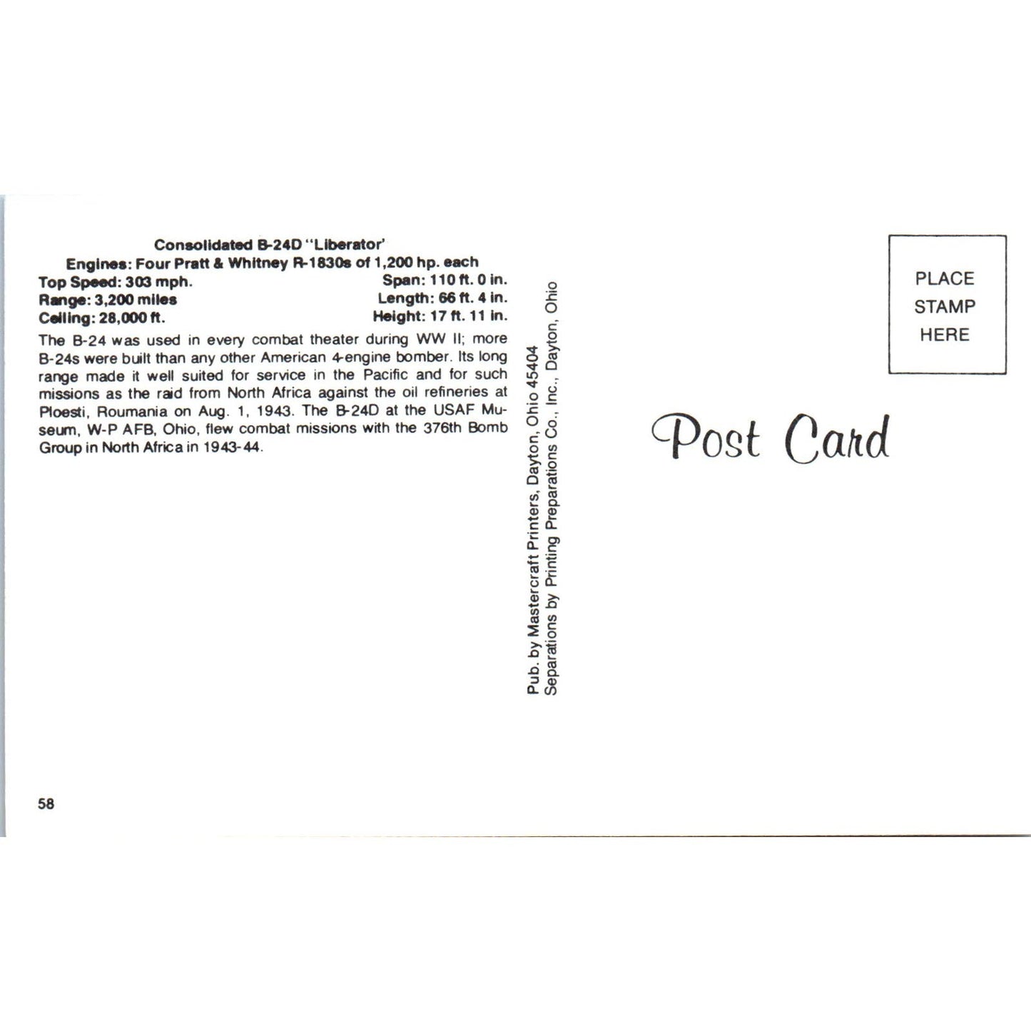 Consolidated B-24D Liberator Vintage Postcard PC19