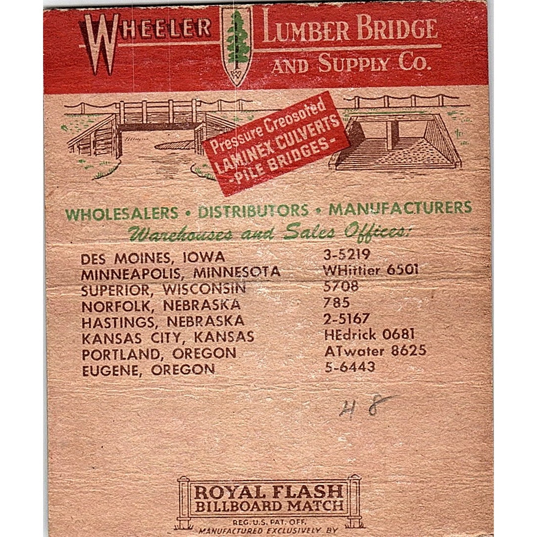 Wheeler Lumber Bridge & Supply Co Des Moines IA Vtg Large Matchbook Cover ML1-8